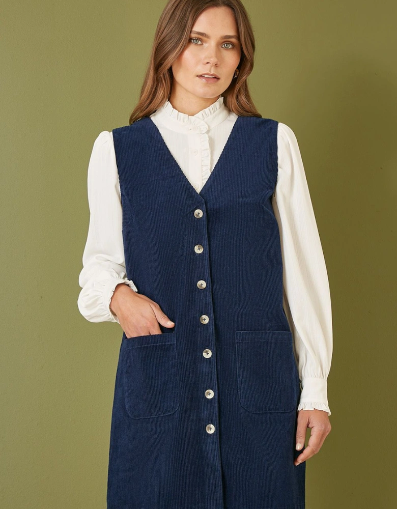 Navy Cord Button Through Pinafore Dress With Pockets