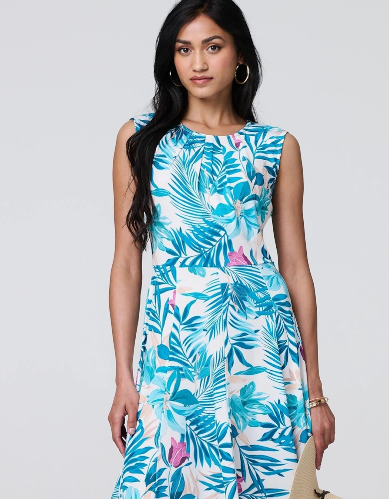 Tropical Print Sleeveless Knee Length Dress