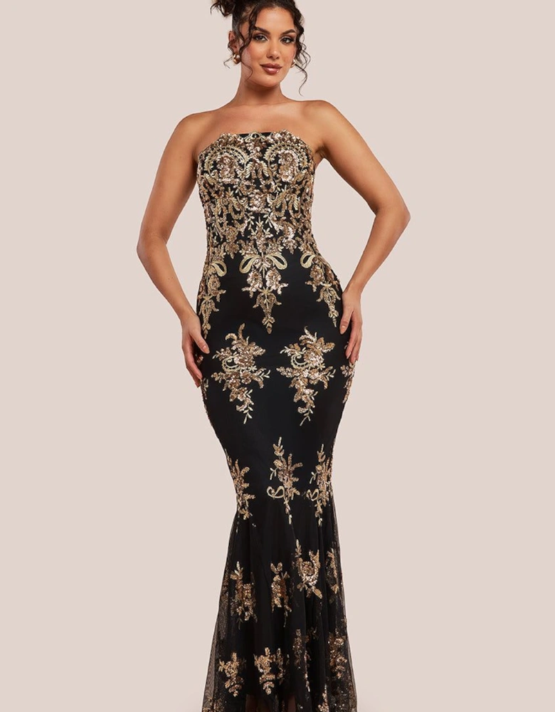Scallop Bandeau Sequin Mesh Maxi Dress