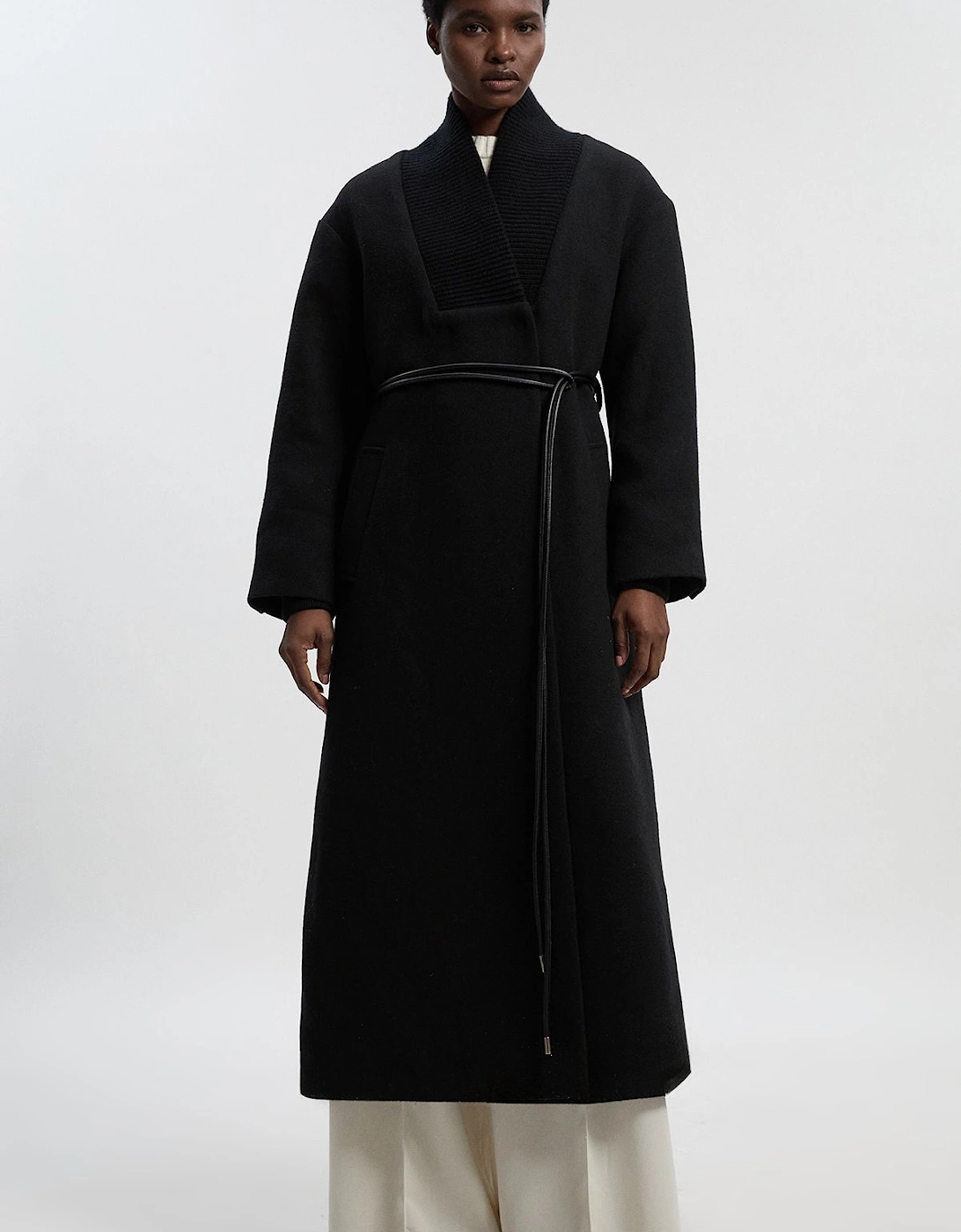 Wool Knitted Wrap Neck Belted Tailored Midi Coat, 2 of 1