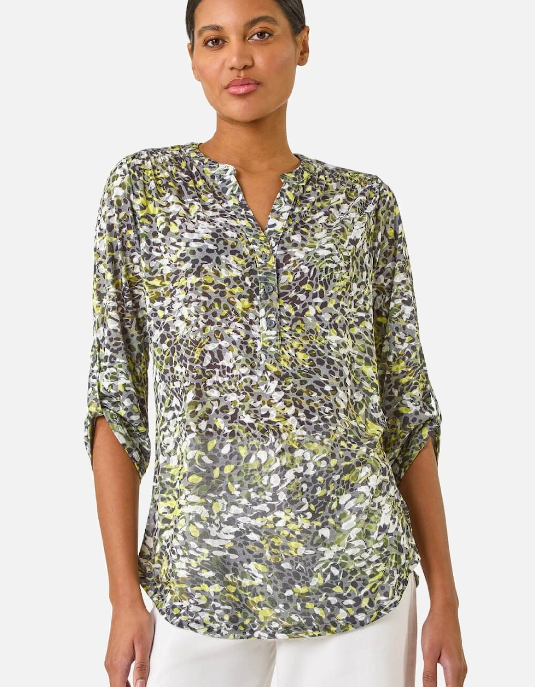 Animal Print Burnout V-Neck Stretch Shirt, 2 of 1