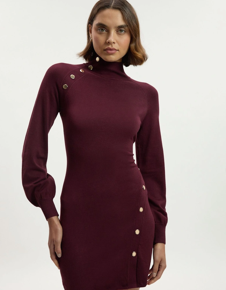 Viscose Blend Popper Detail Knitted Mini Dress