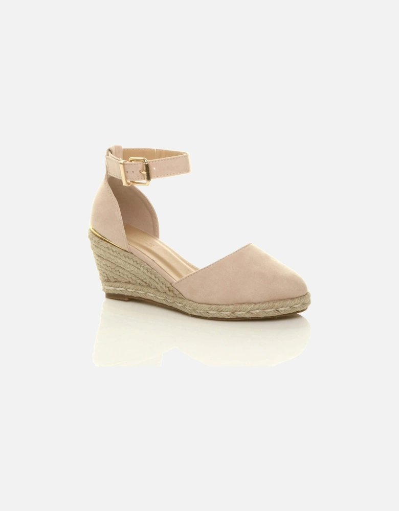 Mid Wedge Heel Ankle Strap Espadrille Faux Suede Heeled Sandals