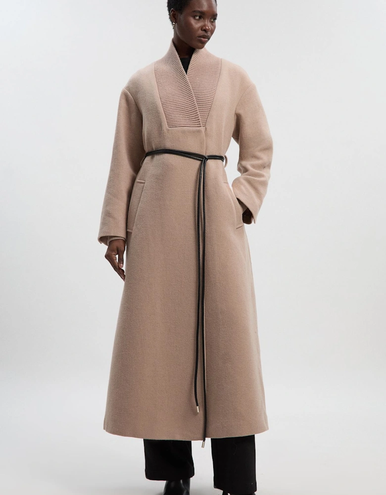 Wool Knitted Wrap Neck Belted Tailored Midi Coat