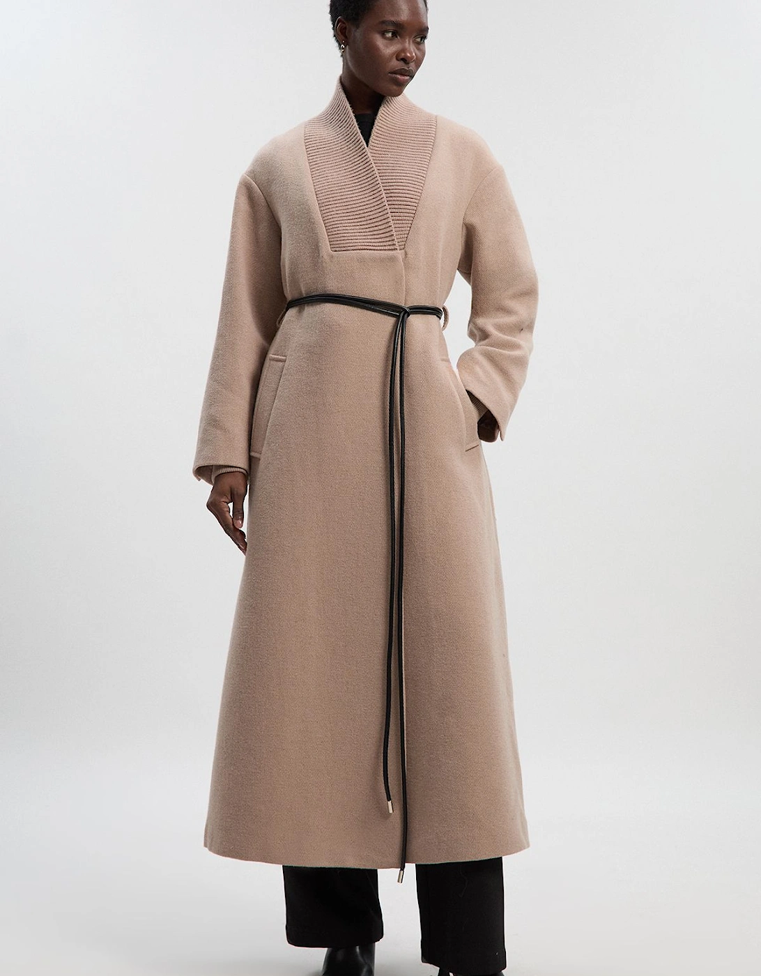 Wool Knitted Wrap Neck Belted Tailored Midi Coat, 2 of 1