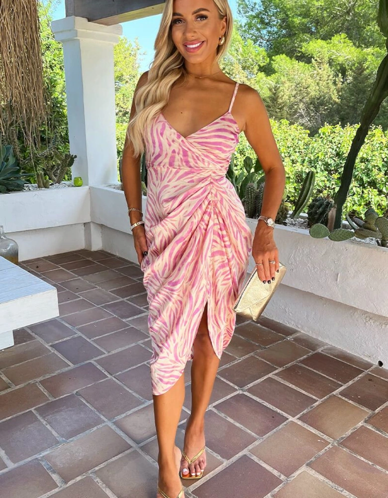 Pink Zebra Print Strappy Wrap Top Gathered Skirt Midi Dress