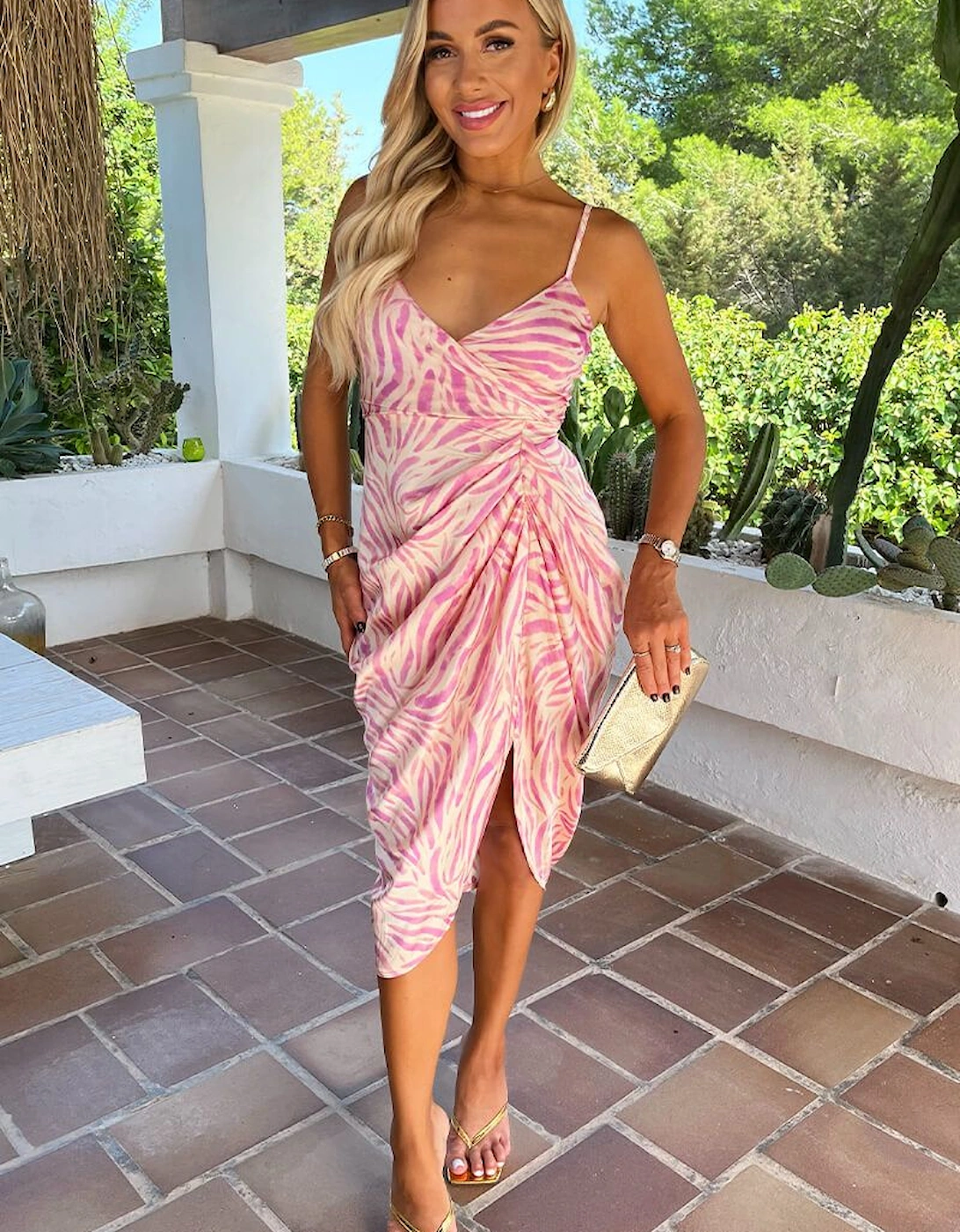 Pink Zebra Print Strappy Wrap Top Gathered Skirt Midi Dress, 2 of 1