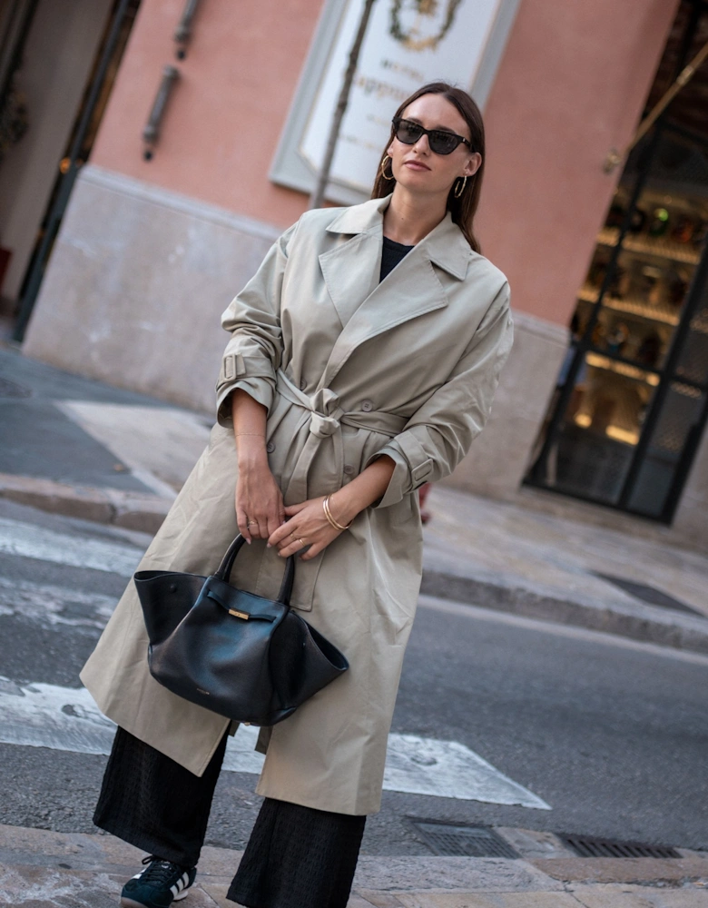 Sage Green Double Breast Longline Belted Trench Coat