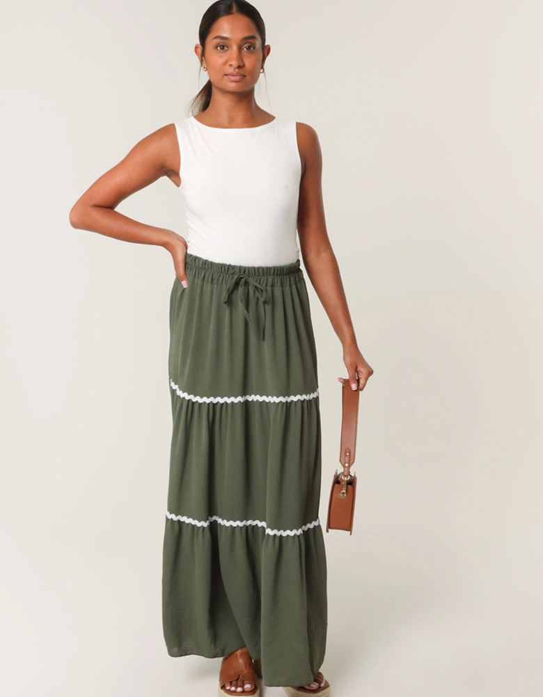 Khaki Tape Zig Zag Tiered Maxi Skirt