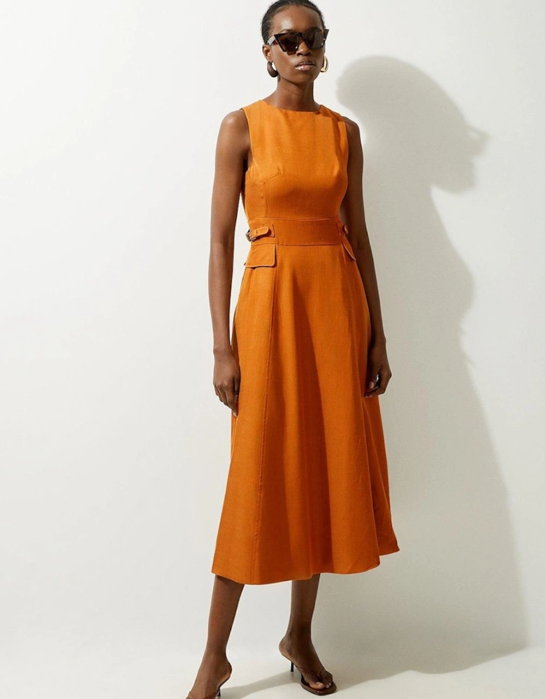 Petite Premium Linen Tab Waist Detail Full Skirt Tailored Midi Dress