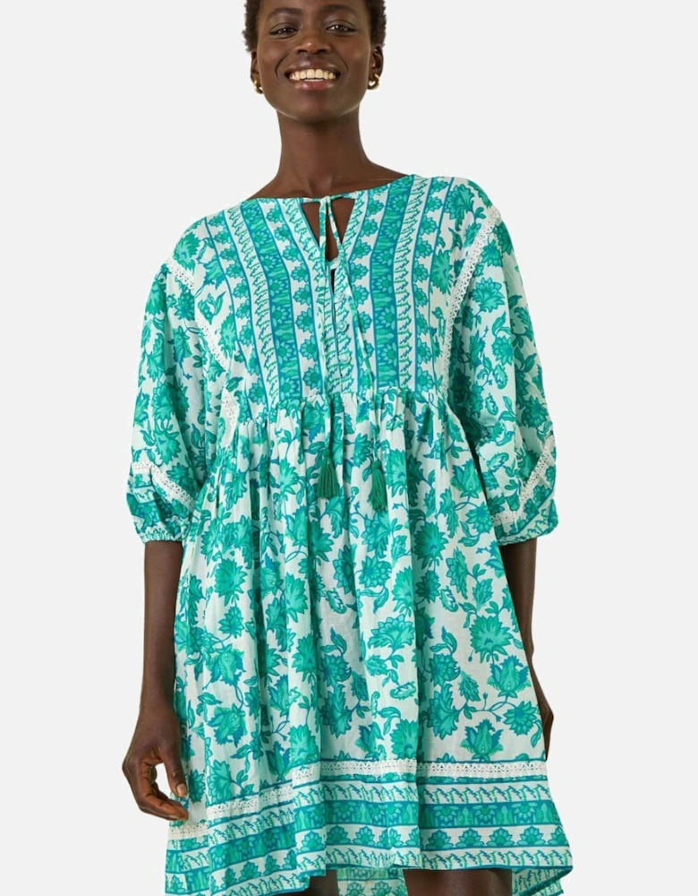 Tie Front Border Print Tassel Dress