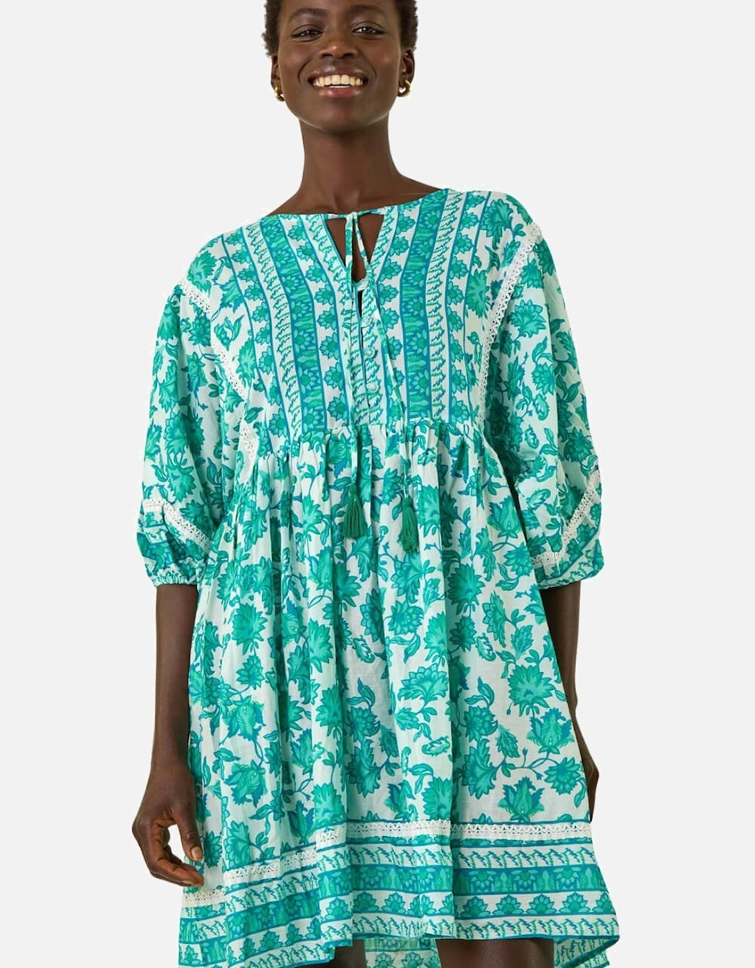Tie Front Border Print Tassel Dress, 2 of 1