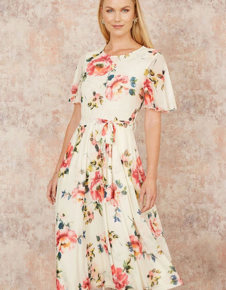 Ivory Mesh Floral Print Midi Dress With Angel Sleeves