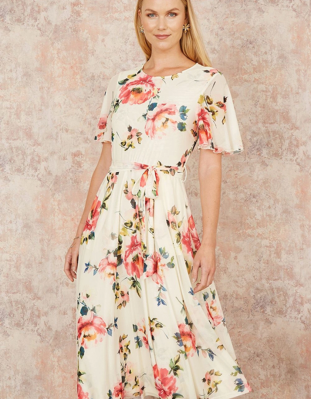 Ivory Mesh Floral Print Midi Dress With Angel Sleeves, 2 of 1