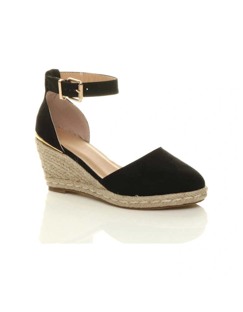 Mid Wedge Heel Ankle Strap Espadrille Faux Suede Heeled Sandals