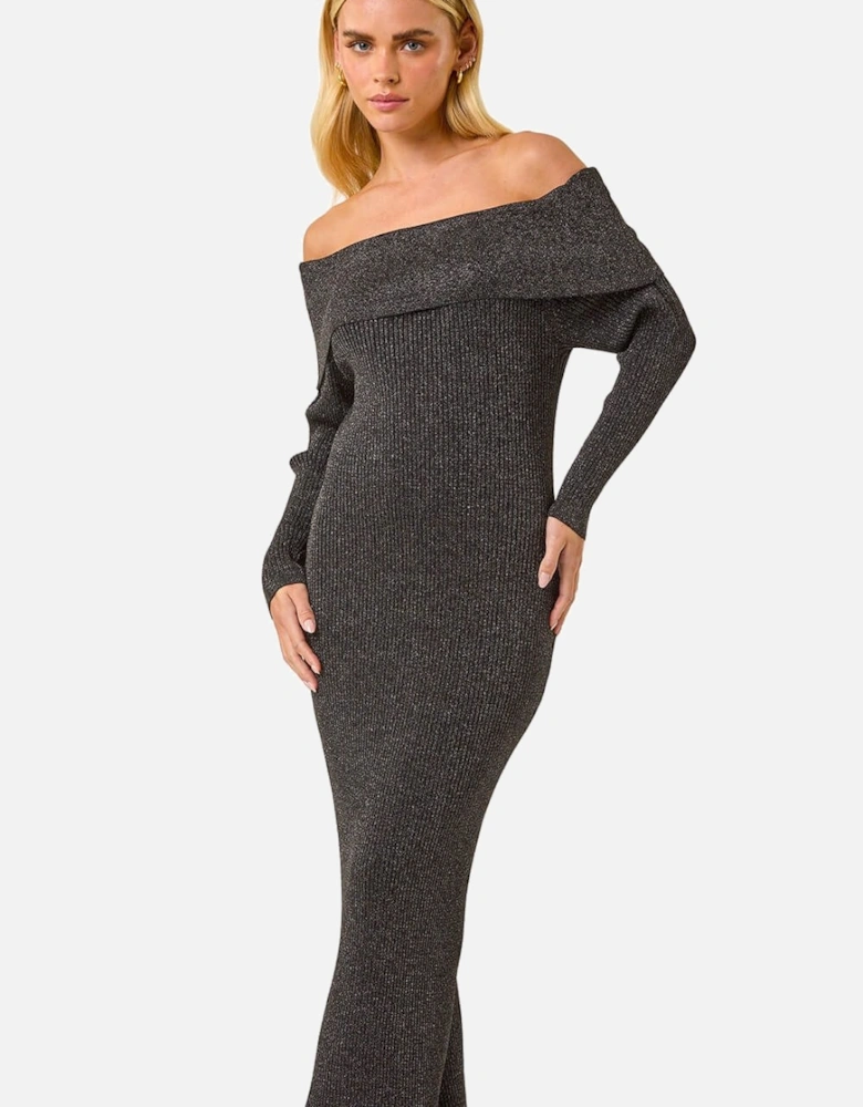 Petite Metallic Knit Bardot Midi Dress