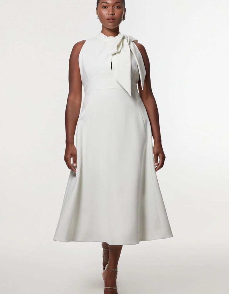 Plus Size Compact Stretch Tie Neck Full Skirted Midi Dress