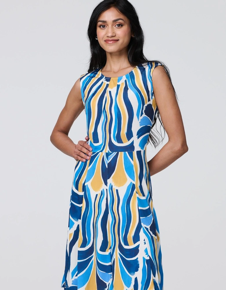 Brushstroke Print Sleeveless Knee Length Dress