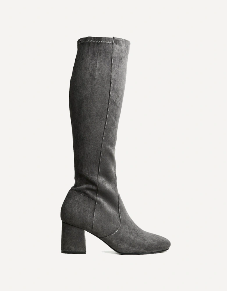 Frosty Grey Faux Suede Block Heeled Knee High Boot