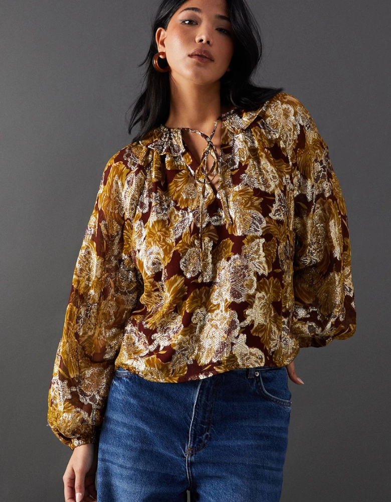 Printed Metallic Jacquard Tie Neck Frill Collar Blouse
