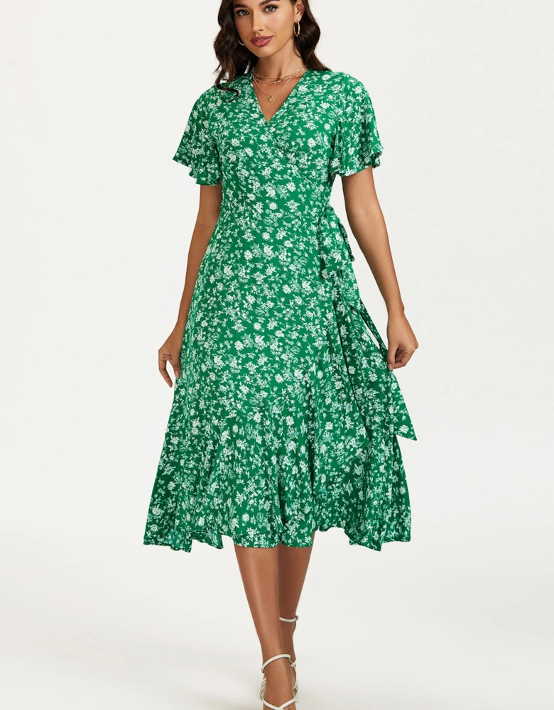 Floral Print Midi Wrap Dress In Green