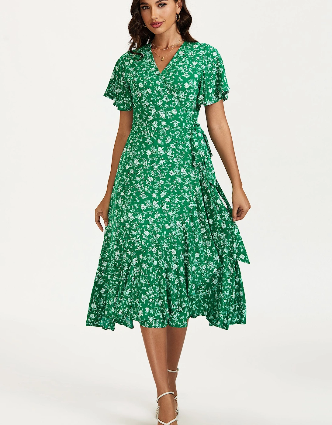 Floral Print Midi Wrap Dress In Green, 2 of 1