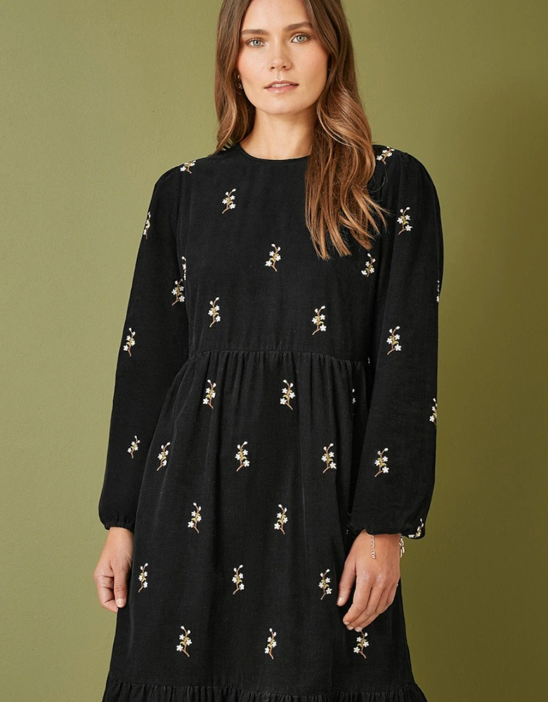 Black Long Sleeve Midi Dress With Floral Embroidery