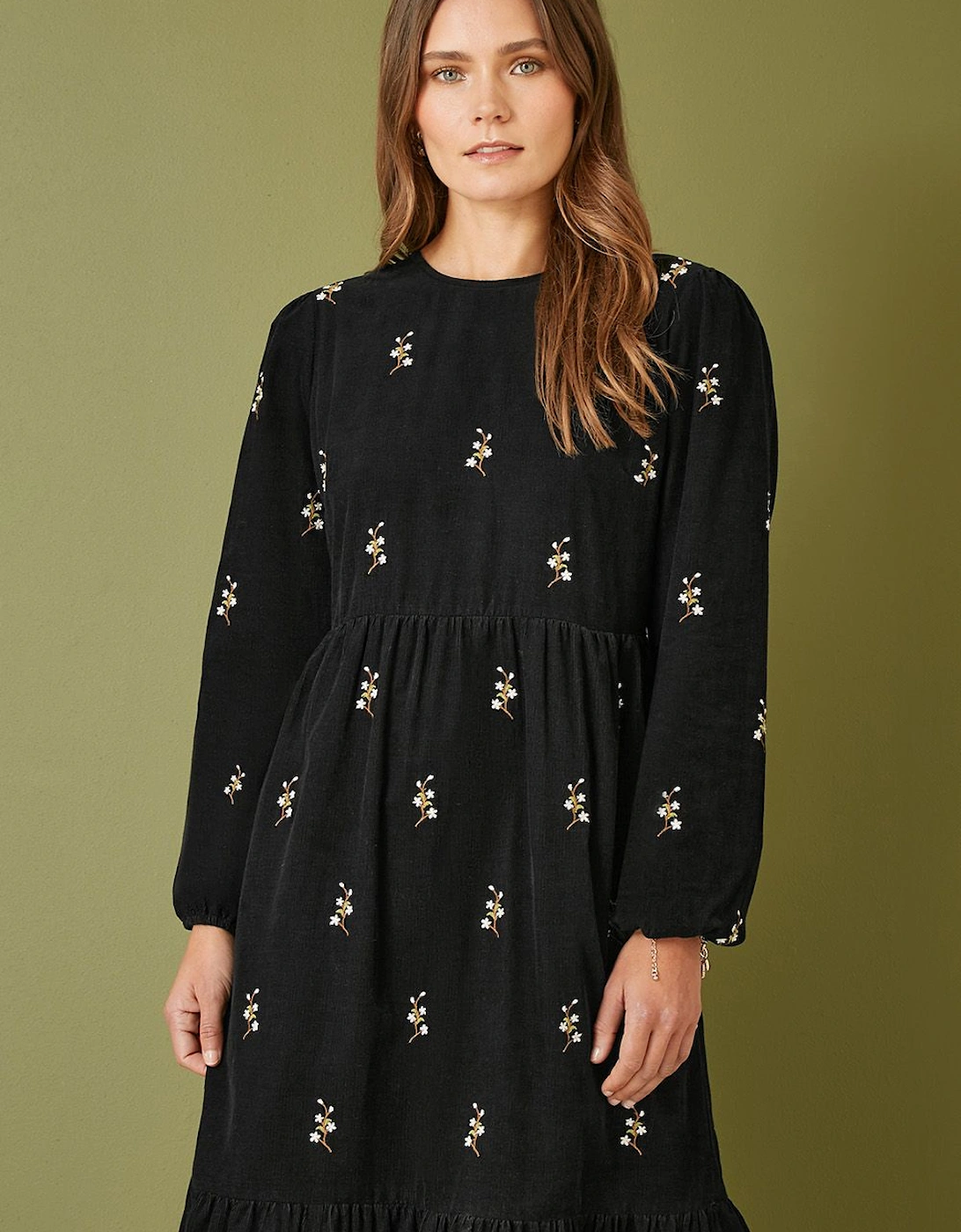 Black Long Sleeve Midi Dress With Floral Embroidery, 2 of 1