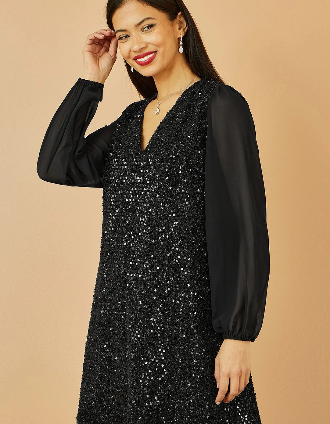 Black Sequin Tunic With Tie Back And Sheer Sleeves, 2 of 1