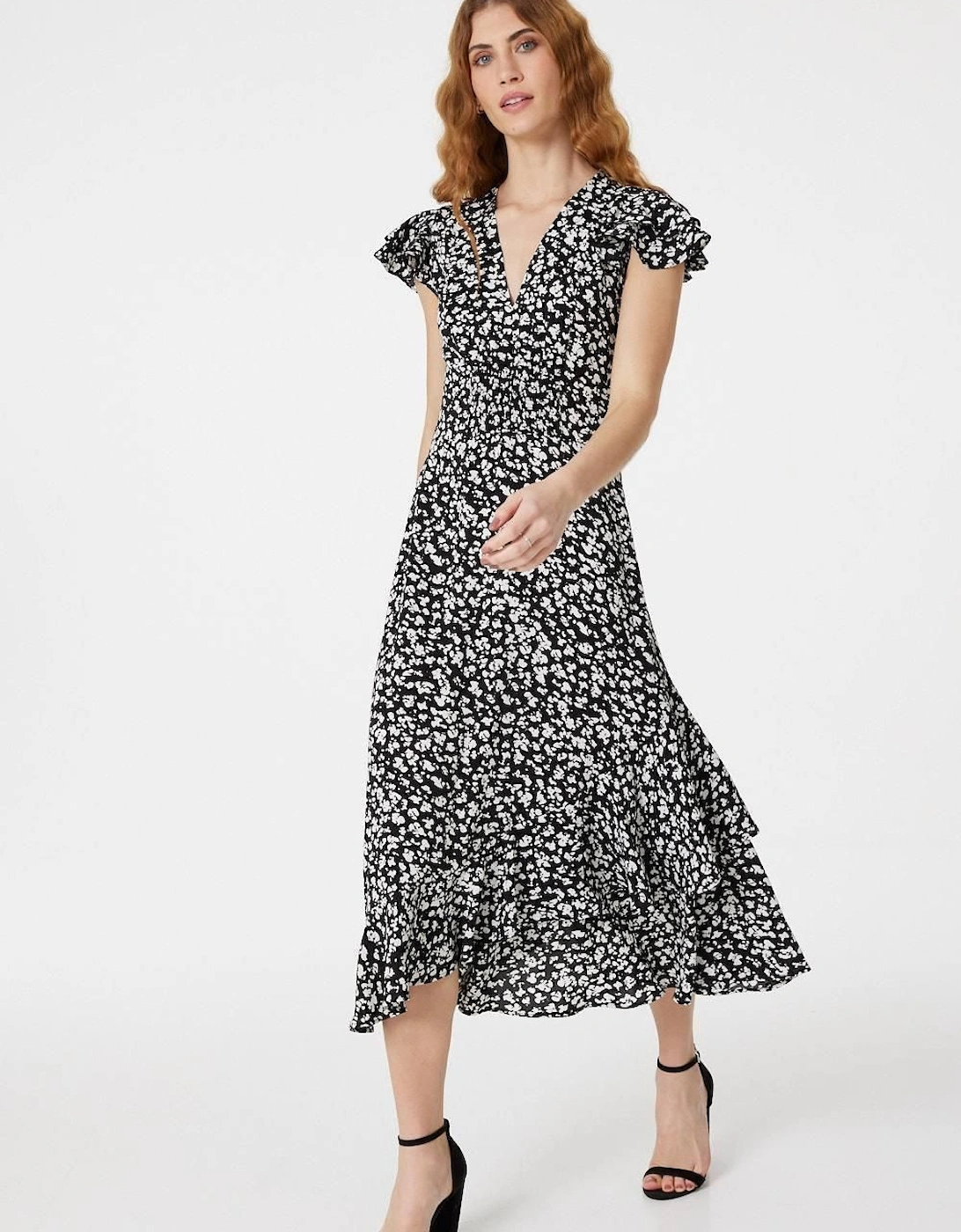 Ditsy Print V-Neck Frilled Midi Dress, 2 of 1