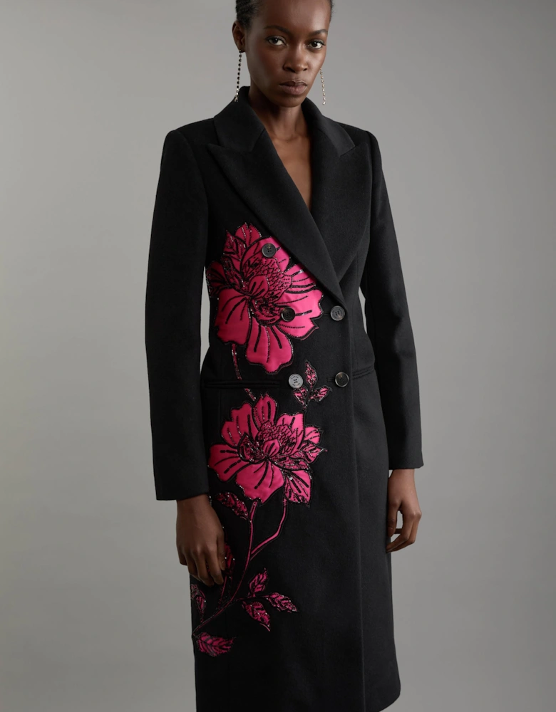 Wool Blend Satin Applique Embellished Double Breasted Tailored Midi Coat