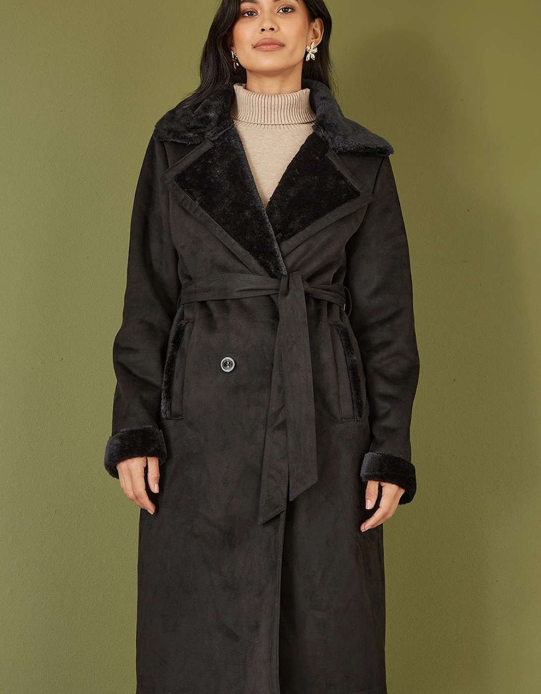 Black Trench Coat With Faux Fur Lining, 2 of 1