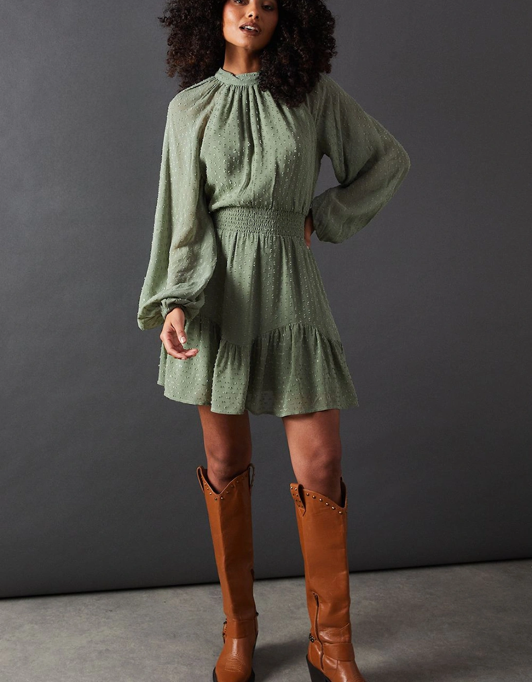 Tufted Dobby Chiffon Shirred Waist Flippy Hem Mini Dress, 2 of 1