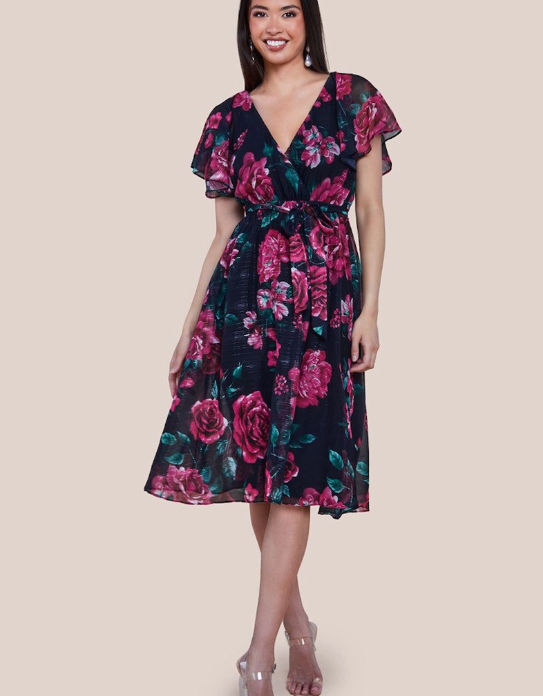 Printed Sparkling A Line Flutter Sleeve Midi Dress, 2 of 1