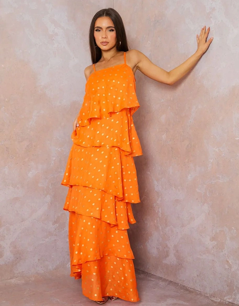 Cami Foil Spot Print Tiered Maxi Dress in Orange