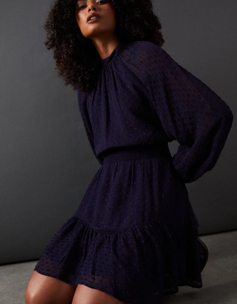 Tufted Dobby Chiffon Shirred Waist Flippy Hem Mini Dress
