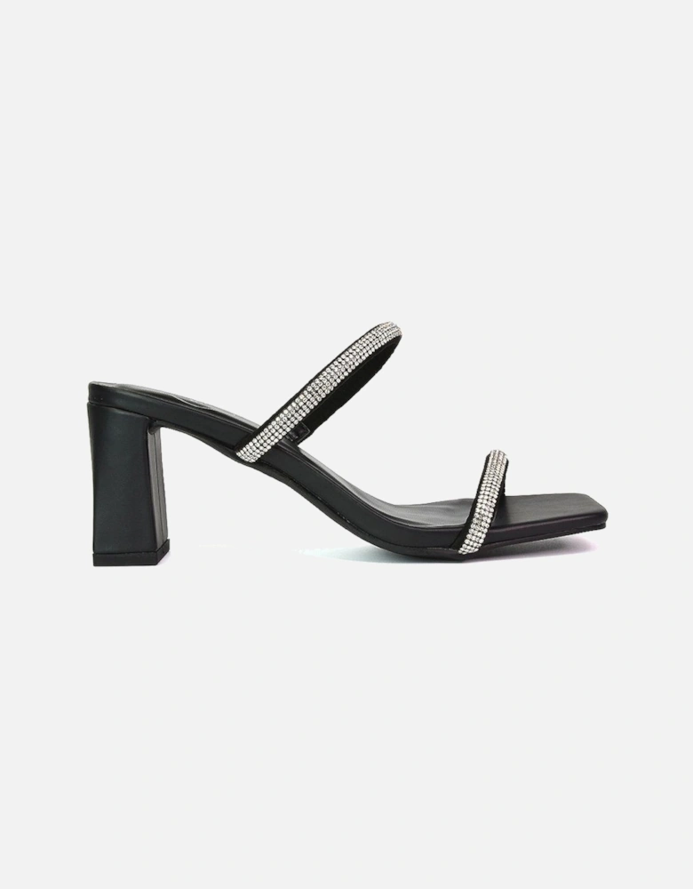 'Holden' Diamante Strap Square Toe Mid Block Heel Sandal Mules