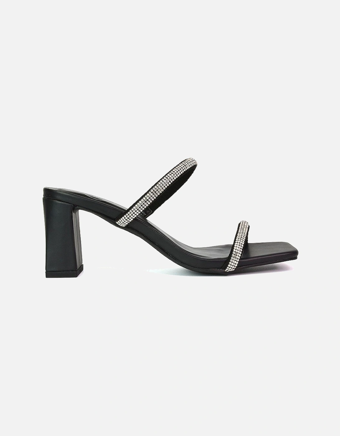 'Holden' Diamante Strap Square Toe Mid Block Heel Sandal Mules, 2 of 1