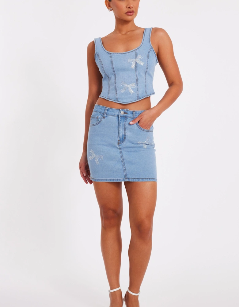 Dark Indigo Denim Bow Embellished Skirt