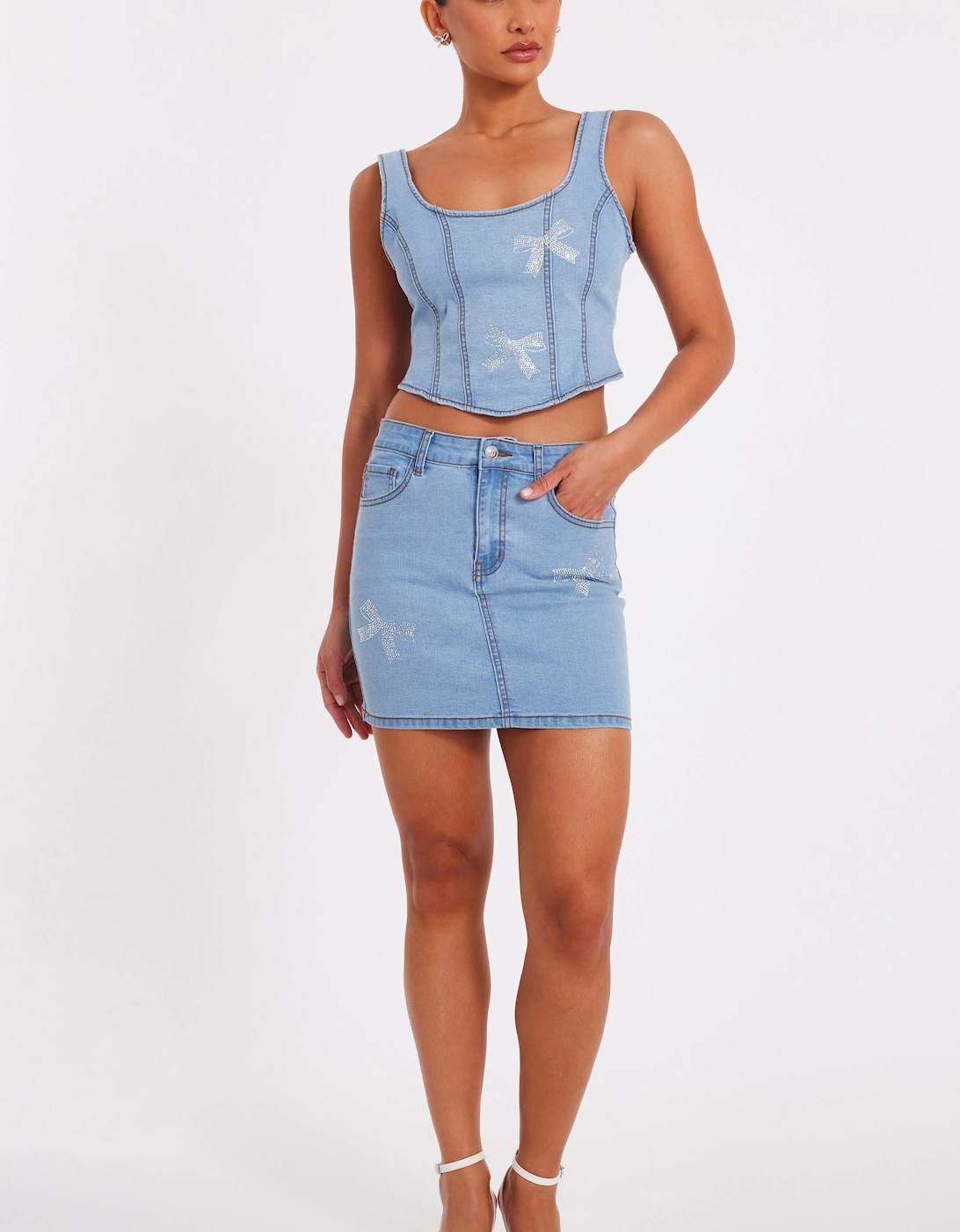 Dark Indigo Denim Bow Embellished Skirt, 2 of 1