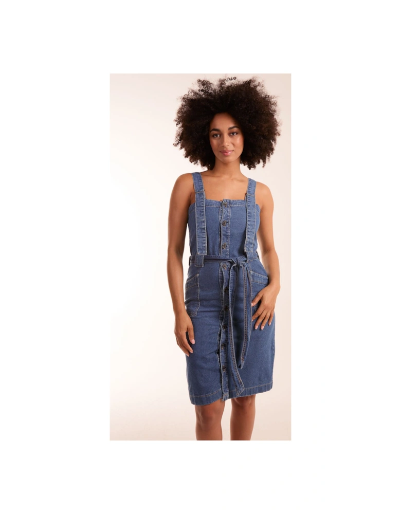 Button Front Pocket Denim Midi Dress