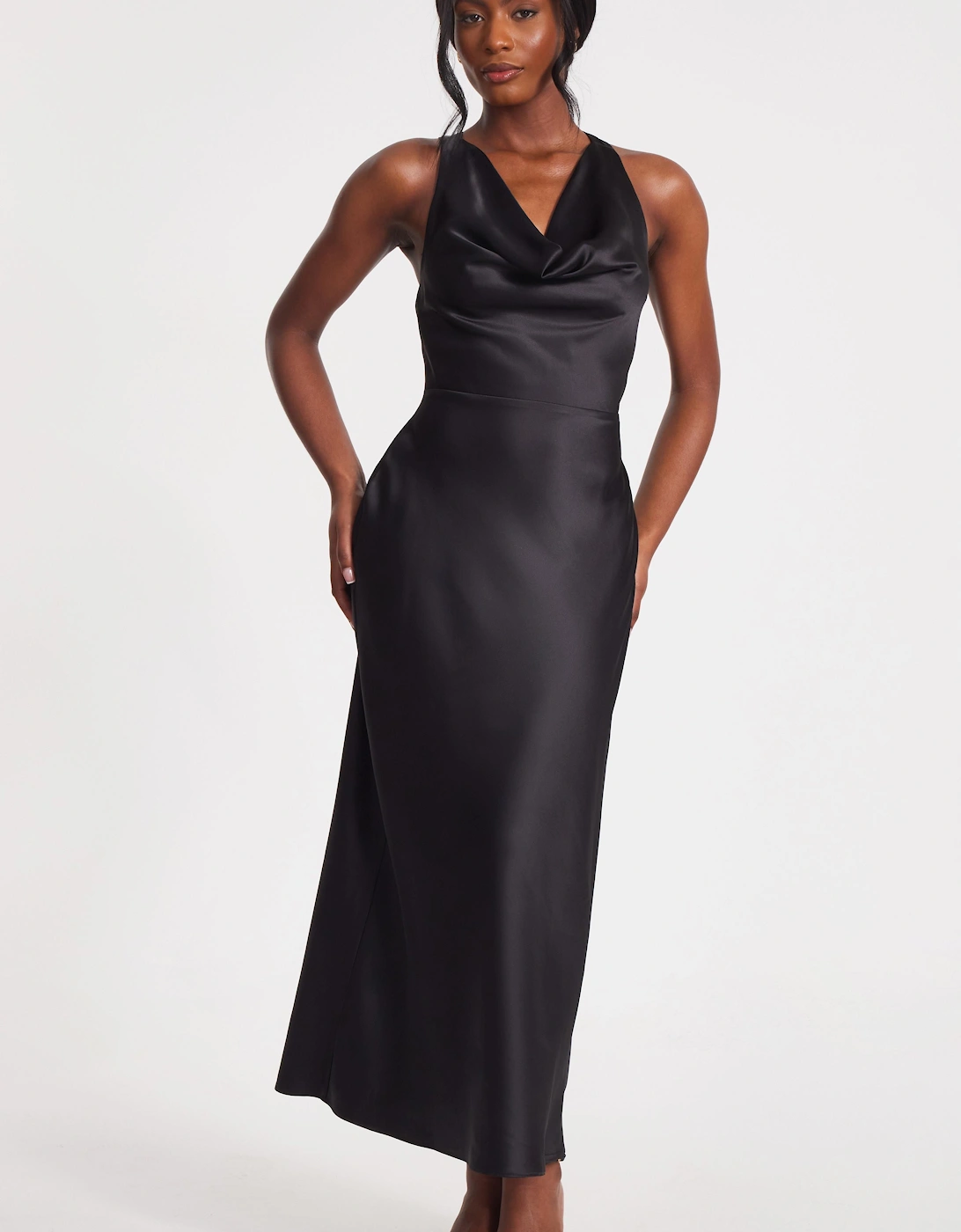 Black Satin Cowl Neck Midaxi Dress, 2 of 1