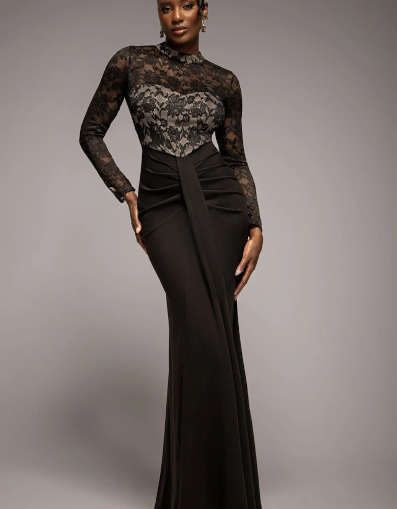 Lace High Neck Sheer Bodice Long Sleeve Maxi Dress