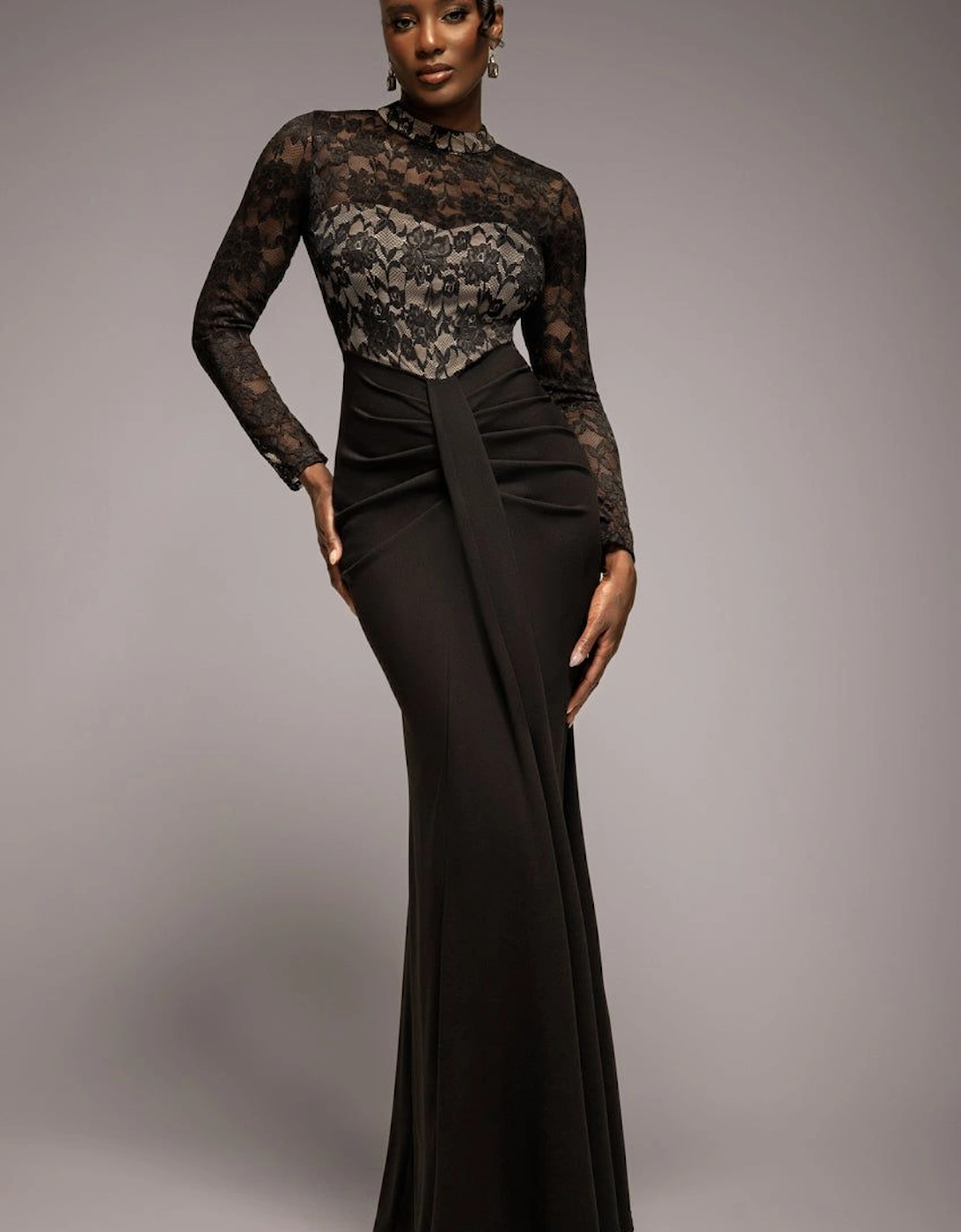Lace High Neck Sheer Bodice Long Sleeve Maxi Dress, 2 of 1