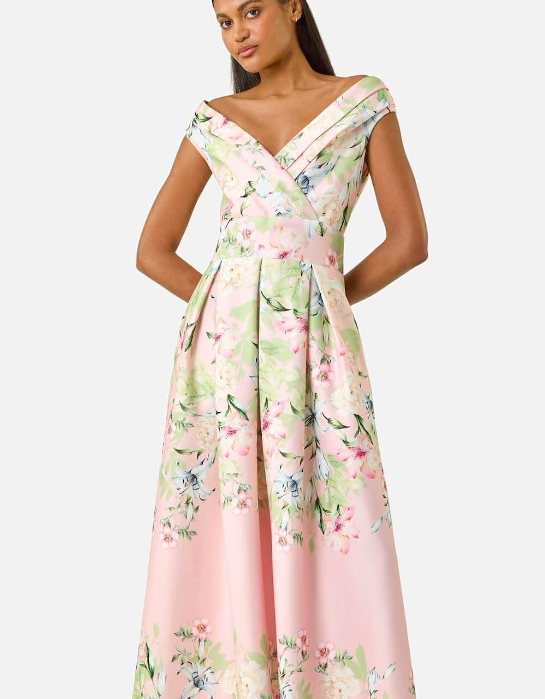 Floral Print Bardot Midi Stretch Dress, 2 of 1