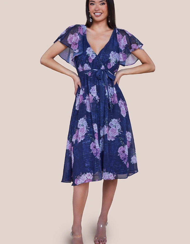 Printed Sparkling A Line Flutter Sleeve Midi Dress