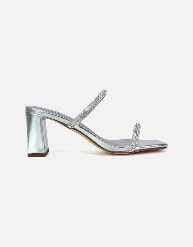 'Holden' Diamante Strap Square Toe Mid Block Heel Sandal Mules