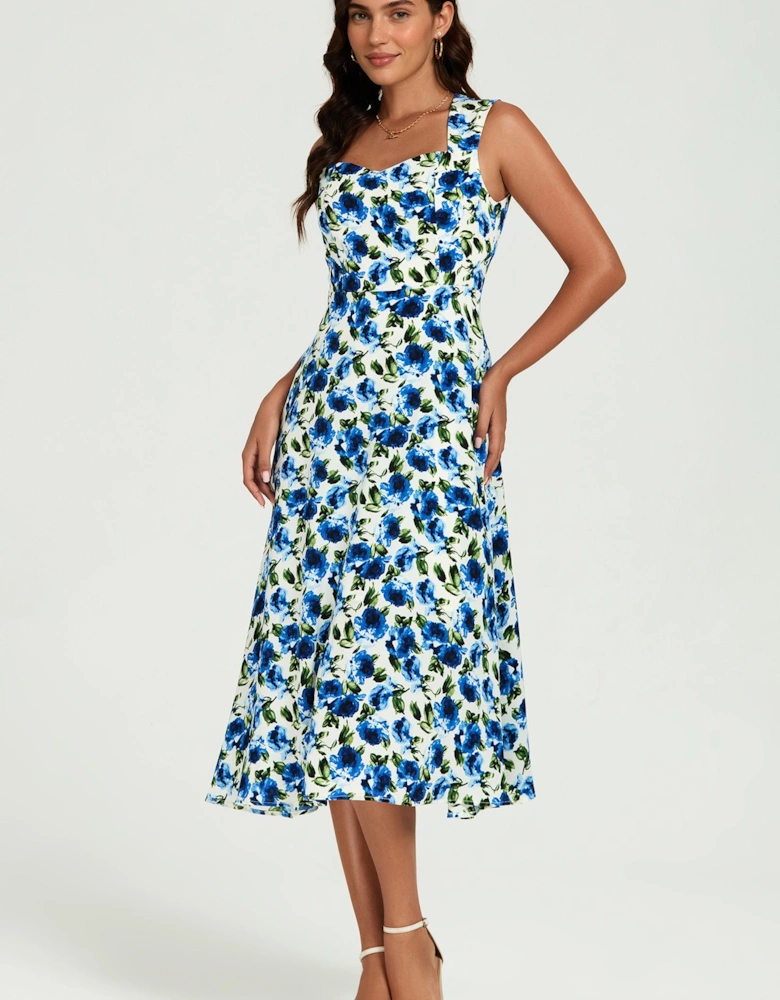 Blue Floral Print Heart Neck Midi Dress