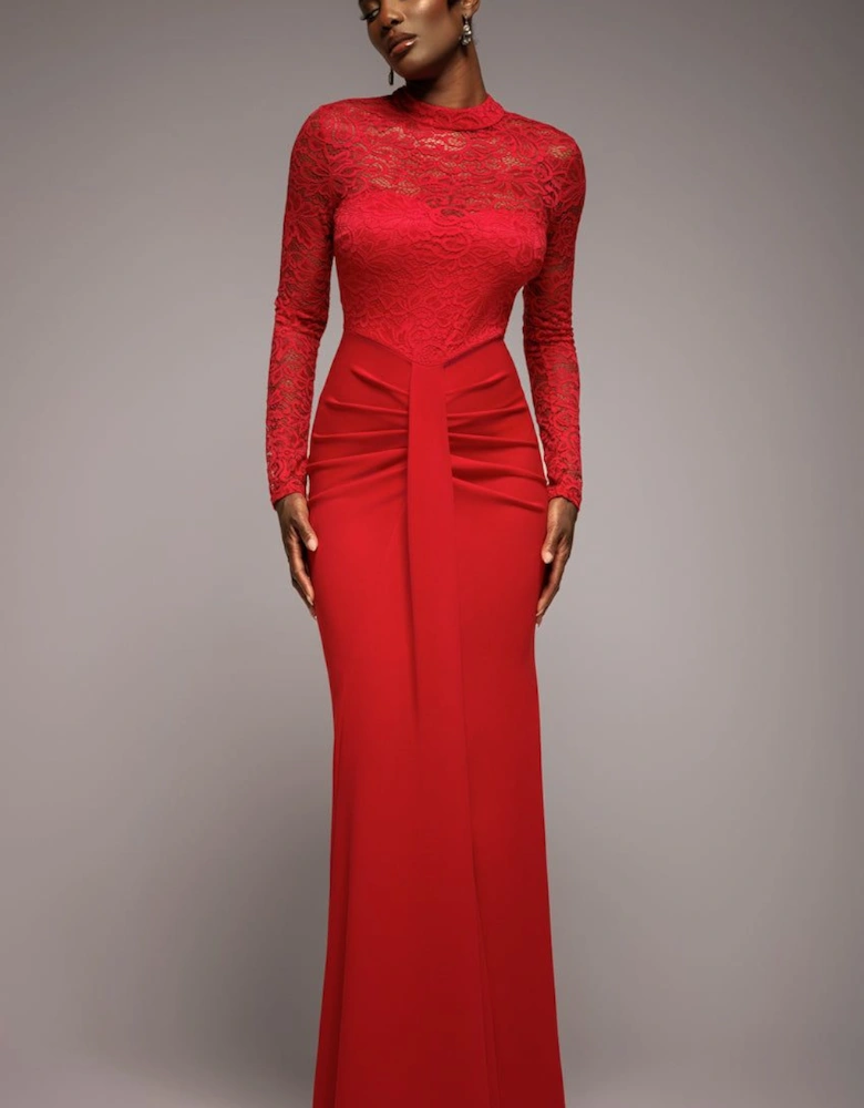 Lace High Neck Sheer Bodice Long Sleeve Maxi Dress