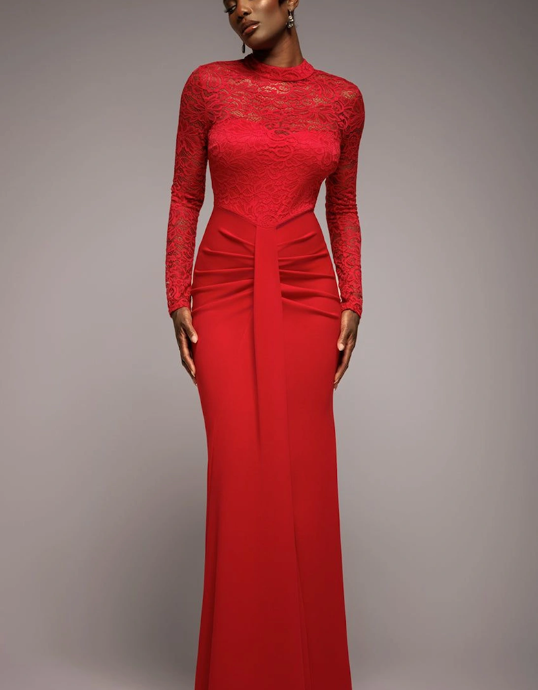 Lace High Neck Sheer Bodice Long Sleeve Maxi Dress, 2 of 1